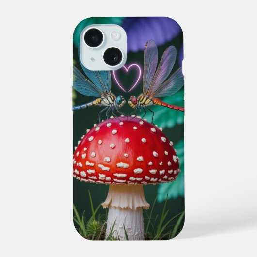 キノコと可愛いトンボ - iPhone 15ケース (裏面)