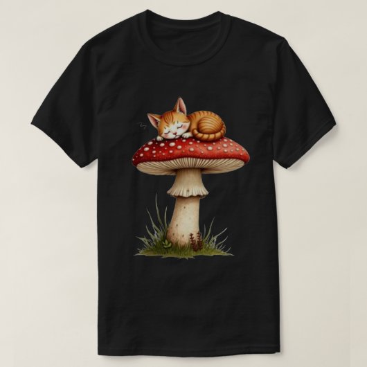 キノコと猫の昼寝 Tシャツ (デザイン正面)