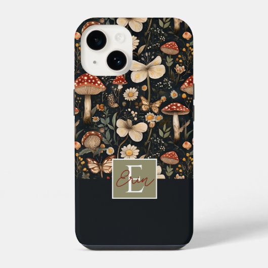 キノコと花のパターン(名前) iPhoneケース (裏面)