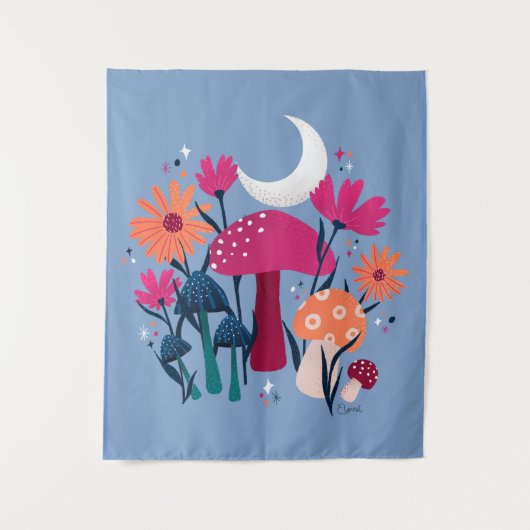 キノコと花模様 – ムーンストーンの青と焦げたピンク タペストリー (正面)