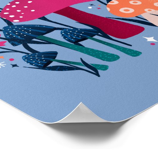 キノコと花模様 – ムーンストーンの青と焦げたピンク ポスター (角)