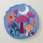 キノコと花模様 – ムーンストーンの青と焦げたピンク ラウンドクッション (裏面)