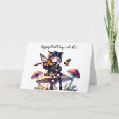 キノコにビオラを乗せたゴシック様式のアニメ誕生日 カード (正面)
