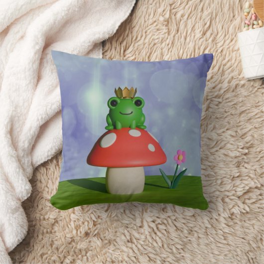 キノコに冠をかぶったかわいいマンガカエル クッション (ブランケット)
