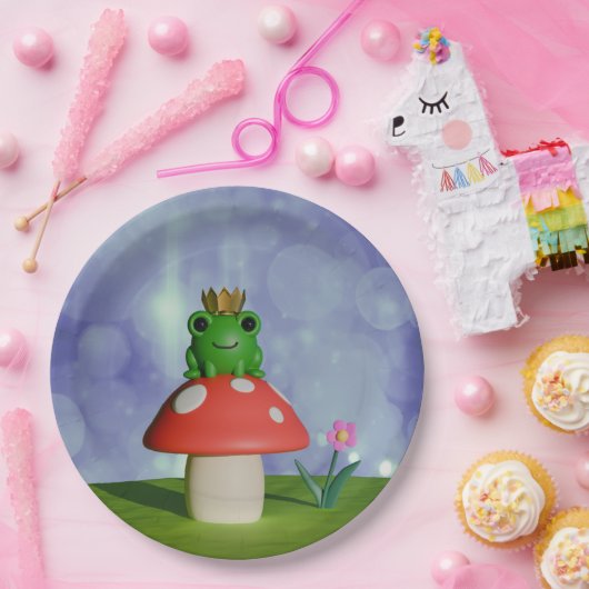キノコに冠をかぶったかわいいマンガカエル ペーパープレート (パーティー)