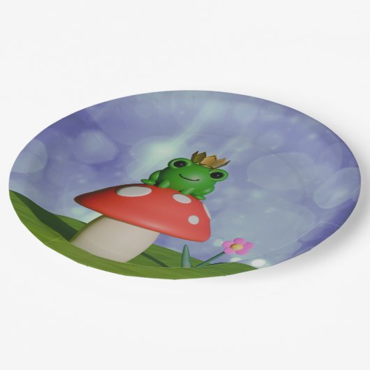 キノコに冠をかぶったかわいいマンガカエル ペーパープレート (アングル)