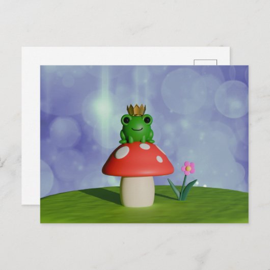 キノコに冠をかぶったかわいいマンガカエル ポストカード (正面/裏面)