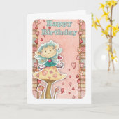 キノコに可愛い小さな小妖精や小人の入った誕生日カード カード (黄色い花)