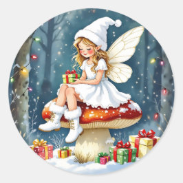 キノコに座る可愛いクリスマスの妖精 ラウンドシール