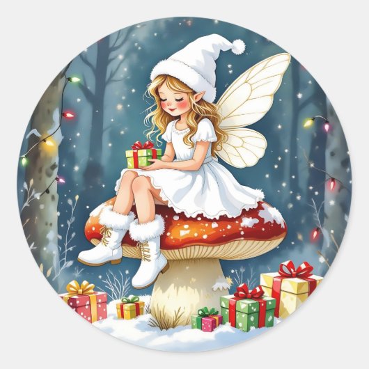 キノコに座る可愛いクリスマスの妖精 ラウンドシール (正面)