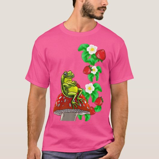 キノコのイチゴのカエルかわいい自然動物C Tシャツ (正面)