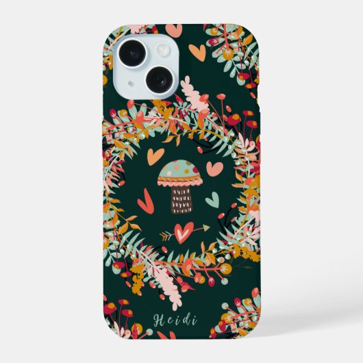 キノコのリースとハート iPhone 15ケース (裏面)