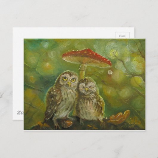 キノコの下にかわいいフクロウのカップル ポストカード (正面/裏面)
