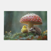 キノコの下に隠れた、かわいい雛とハリネズミ ドアマット (正面)