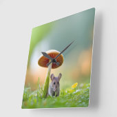 キノコの下のネズミ スクエア壁時計 (傾斜)