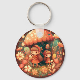 キノコの下の可愛い小さな小妖精や小人が2つ キーホルダー