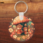 キノコの下の可愛い小さな小妖精や小人が2つ キーホルダー (正面)