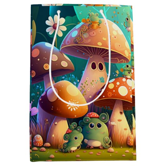 キノコの下の可愛遊い小人抱き枕 ミディアムペーパーバッグ (正面)