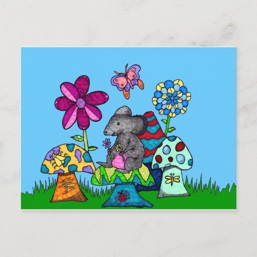 キノコの中の愛らしいネズミ ポストカード (正面)