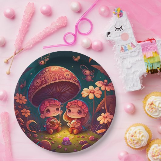 キノコの丸薬の下遊にかわいい小人 ペーパープレート (パーティー)