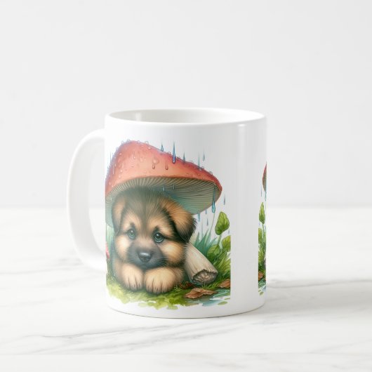 キノコの傘の下のドイツの羊飼い犬 コーヒーマグカップ (正面左)