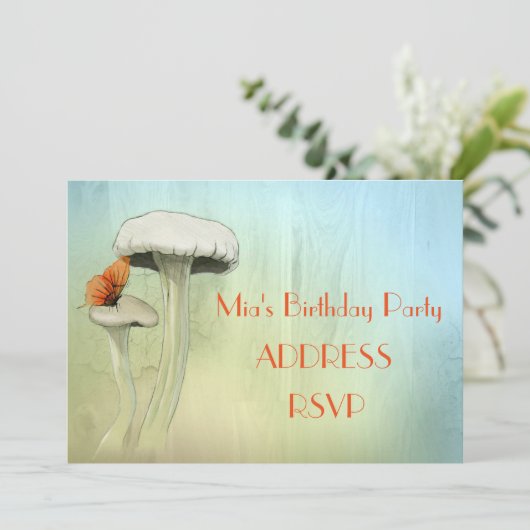 キノコの妖精の水の色の女の子の誕生日パーティー 招待状 (スタンド正面)