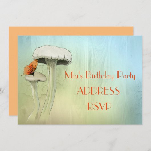 キノコの妖精の水の色の女の子の誕生日パーティー 招待状 (正面/裏面)