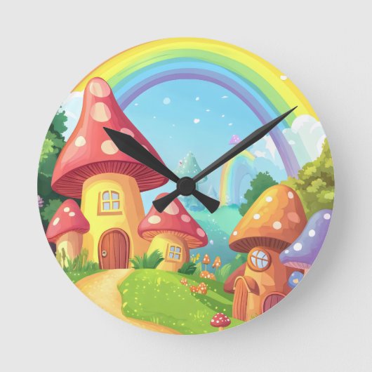 キノコの家と虹 ラウンド壁時計 (正面)