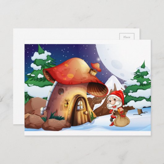 キノコの家の外のサンタ シーズンポストカード (正面/裏面)