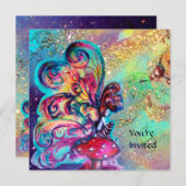 キノコの小さなエルフ、 ゴールドイエロー青いスパークル 招待状 (正面/裏面)