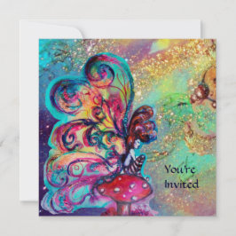 キノコの小さなエルフ、 ゴールドイエロー青い輝き 招待状