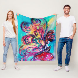 キノコの小小妖精や小人ピンクブルーファンタジー フリースブランケット