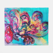 キノコの小小妖精や小人ピンクブルーファンタジー フリースブランケット (正面(横))