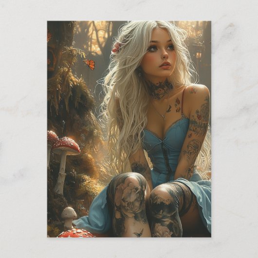 キノコの森にいるブロンドの女性 ポストカード (正面)