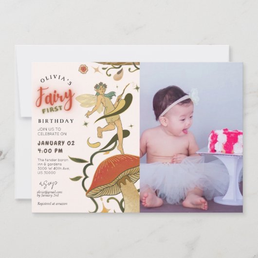 キノコの森の妖精の女の子の写真1歳の誕生日 招待状 (正面)