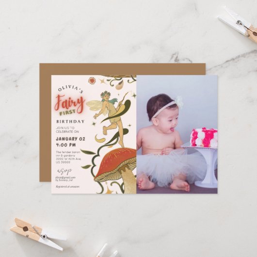 キノコの森の妖精の女の子の写真1歳の誕生日 招待状 (正面/裏面インサイチュ)