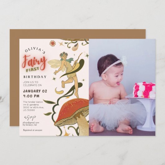 キノコの森の妖精の女の子の写真1歳の誕生日 招待状 (正面/裏面)