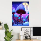 キノコの森、夜、月、雪 | AI Art ポスター (ホームオフィス)