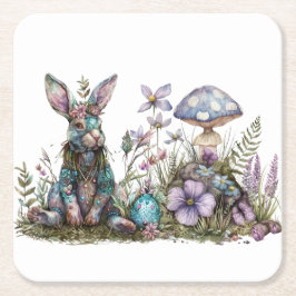 キノコの神秘的なウサギ スクエアペーパーコースター