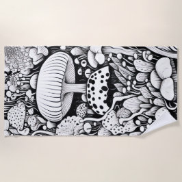 キノコの線画 ビーチタオル