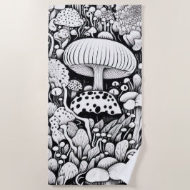 キノコの線画 ビーチタオル