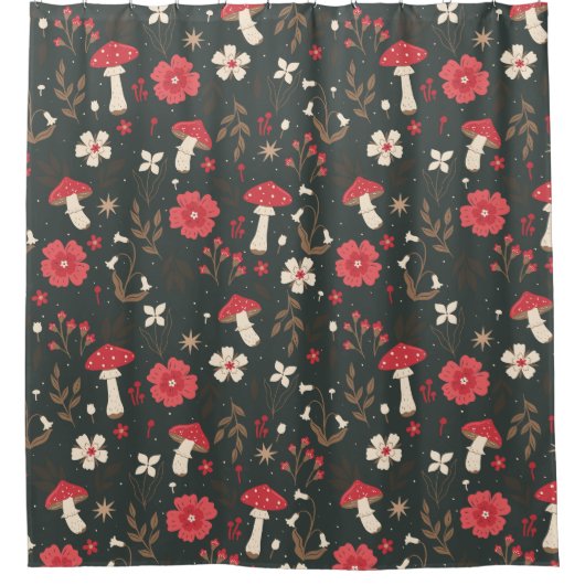 キノコの花柄のダークボタニカル コテージ シャワーカーテン (正面)