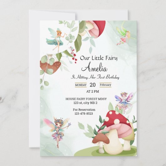 キノコの誕生日フェアリーの森の水の色 招待状 (正面)