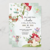 キノコの誕生日フェアリーの森の水の色 招待状 (正面/裏面)