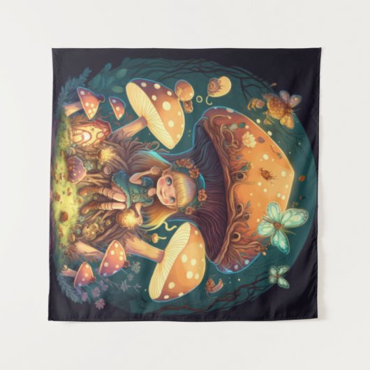 キノコの間で遊ぶ小さなエルフの少女 タペストリー (正面(横))