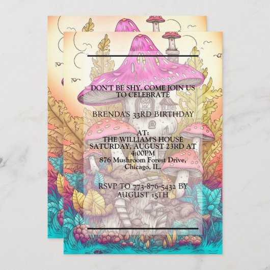 キノコカラフルの住居ハット誕生日パーティー 招待状 (正面/裏面)