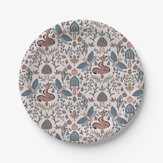 キノコキツネ&ドラゴンフライかわいい秋のパターン ペーパープレート (正面)