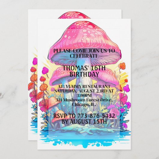 キノコサイケデリックの森プリント誕生日パーティー 招待状 (正面/裏面)