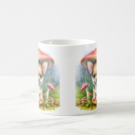 キノコ傘の下で愛らしいチワホアパピー コーヒーマグカップ (中央)