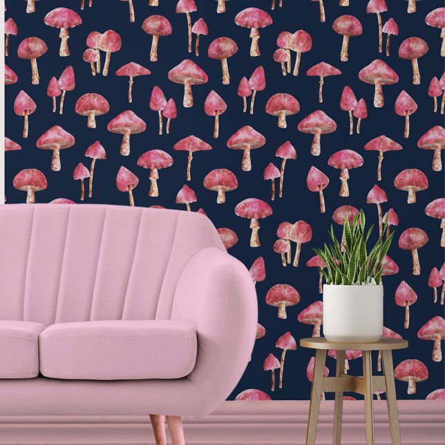 キノコ型 壁紙 (pink mushroom and navy wallpaper)